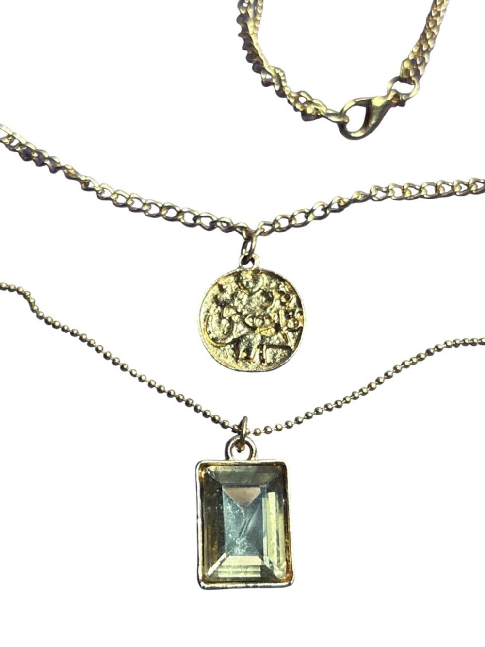 Goldtone 2 Strand Chain Necklace Textured Coin Rectangle Rhinestone - Picture 2 of 3